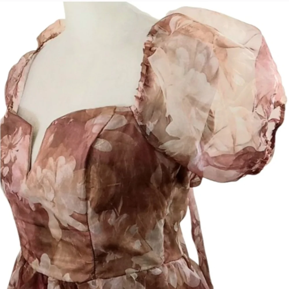 Lulus Lovely Statement Floral Organza Tie Back Puff Sleeve Midi Dress Size Small